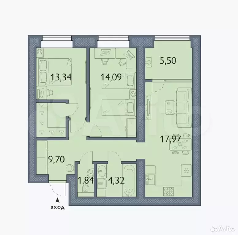 2-к. квартира, 66,8 м, 1/8 эт. - Фото 1