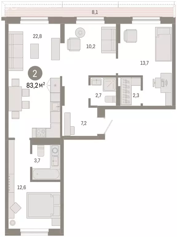 2-комнатная квартира: Тюмень, Краснооктябрьская улица, 4к2 (83.4 м) - Фото 2