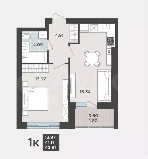 1-к. квартира, 41,1 м, 1/9 эт. - Фото 1