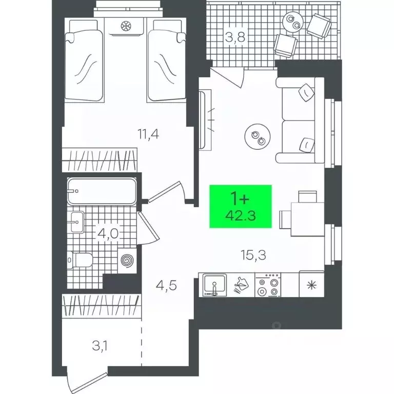 1-к кв. Тюменская область, Тюмень ул. Василия Малкова, 15 (42.37 м) - Фото 0