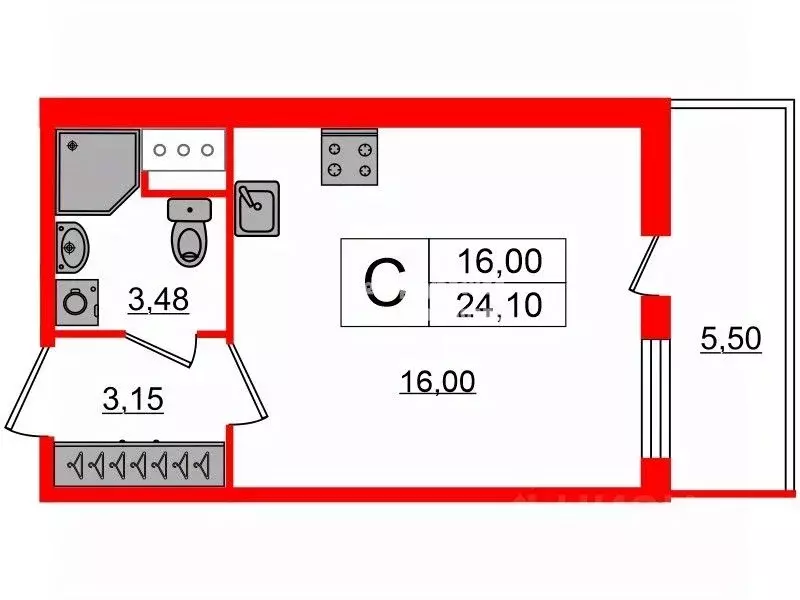 Студия Санкт-Петербург Фарфоровская ул., 7к2 (24.1 м) - Фото 1