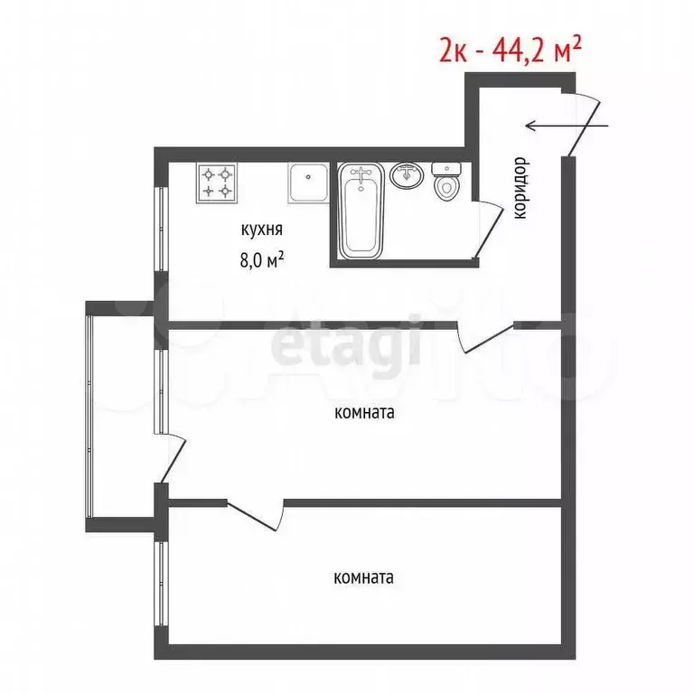 2-к. квартира, 44,2 м, 5/5 эт. - Фото 0