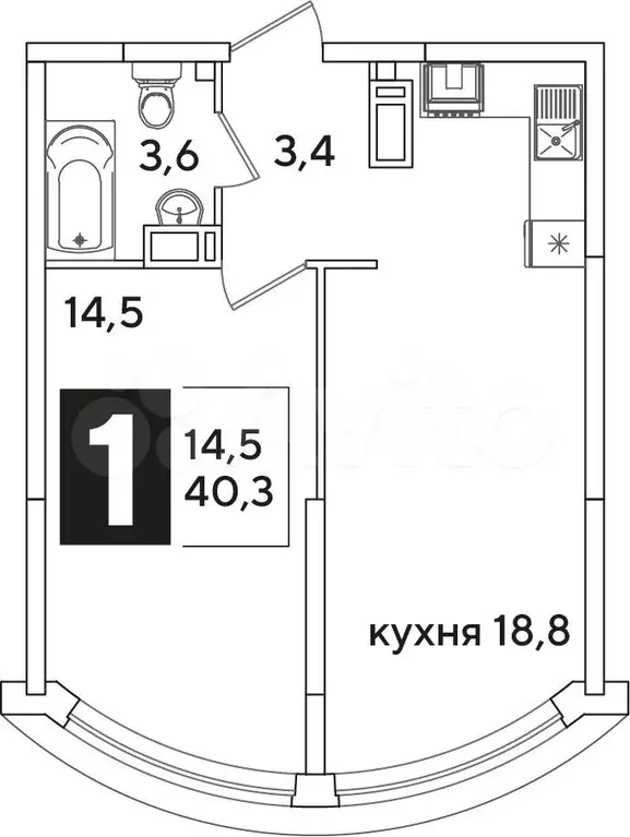 1-к. квартира, 40,3 м, 15/16 эт. - Фото 1