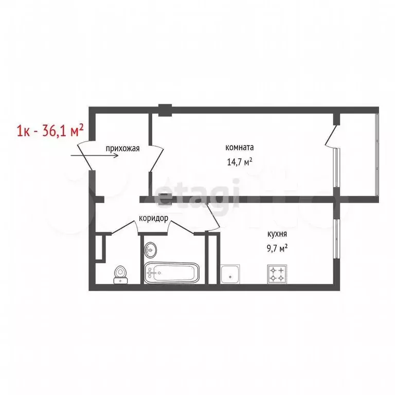 1-к. квартира, 36,1 м, 4/5 эт. - Фото 0