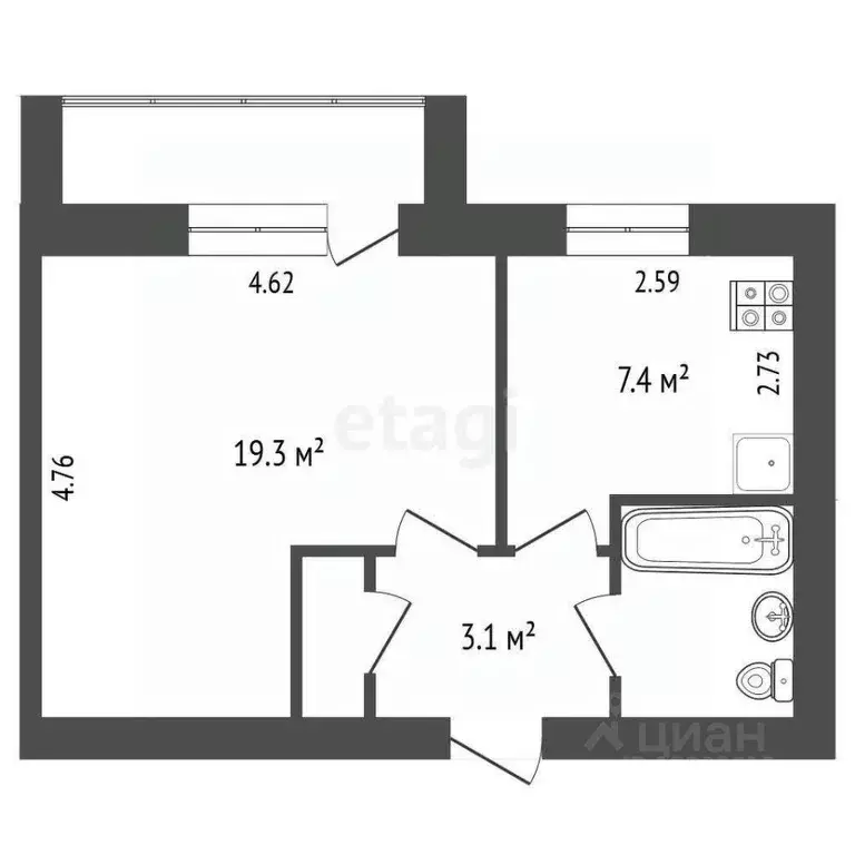 1-к кв. Омская область, Омск ул. 15-я Рабочая, 102А (33.0 м) - Фото 1