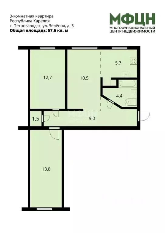 3-к кв. Карелия, Петрозаводск Зеленая ул., 3 (57.6 м) - Фото 2