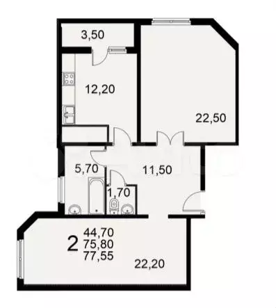 2-к. квартира, 77,5 м, 5/17 эт. - Фото 0