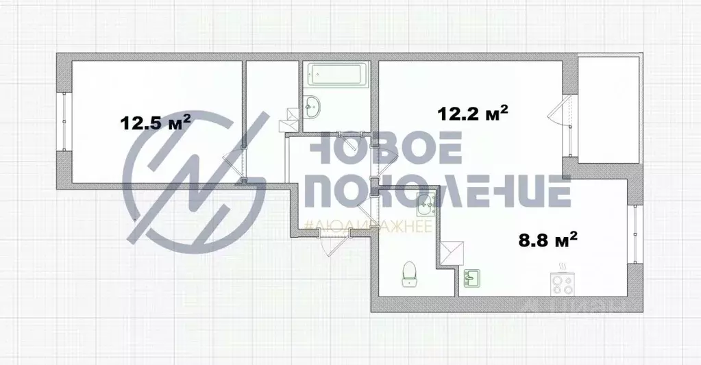 2-к кв. Омская область, Омск ул. Перелета, 27с2 (49.65 м) - Фото 1