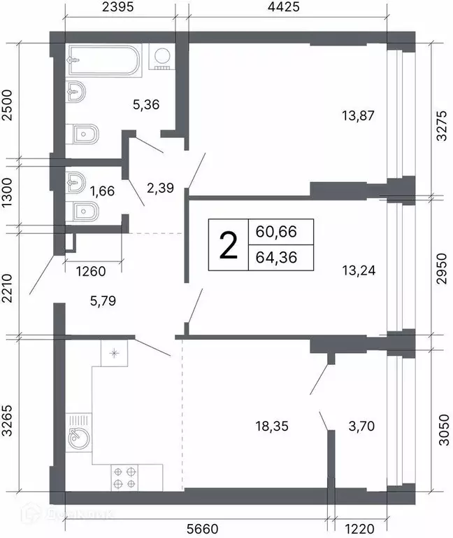 Продаётся 2-к квартира, 63.9 м - Фото 1