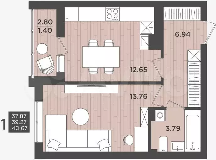 1-к. квартира, 39,3 м, 9/9 эт. - Фото 1