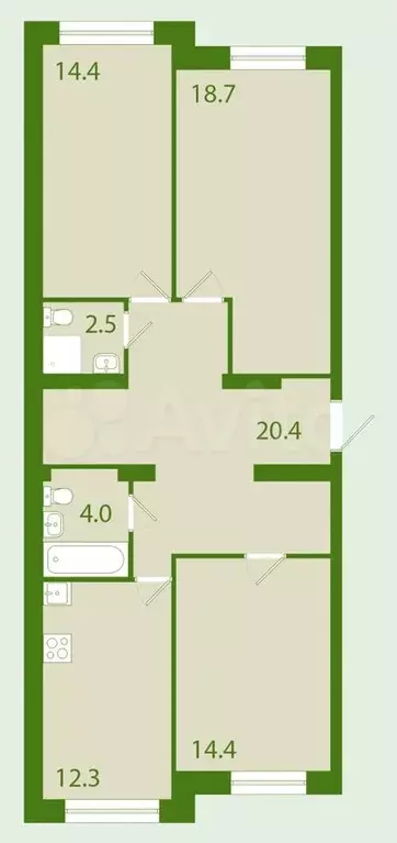 3-к. квартира, 87,4 м, 4/4 эт. - Фото 0