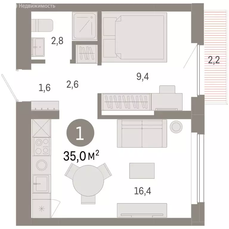 1-комнатная квартира: Новосибирский район, рабочий посёлок Краснообск, ... - Фото 2