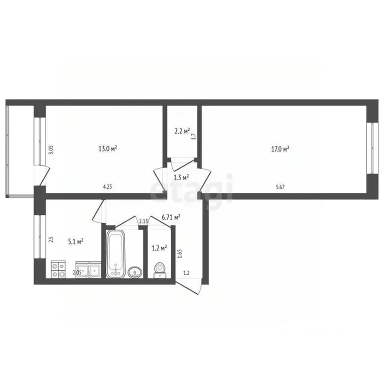 2-к кв. Омская область, Омск ул. 27-я Северная, 123Б (47.3 м) - Фото 1