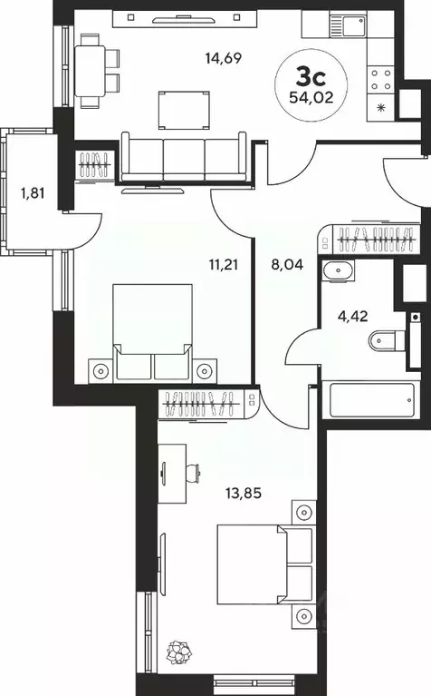 3-к кв. Ростовская область, Ростов-на-Дону ул. Нансена, 107/5 (53.73 ... - Фото 1