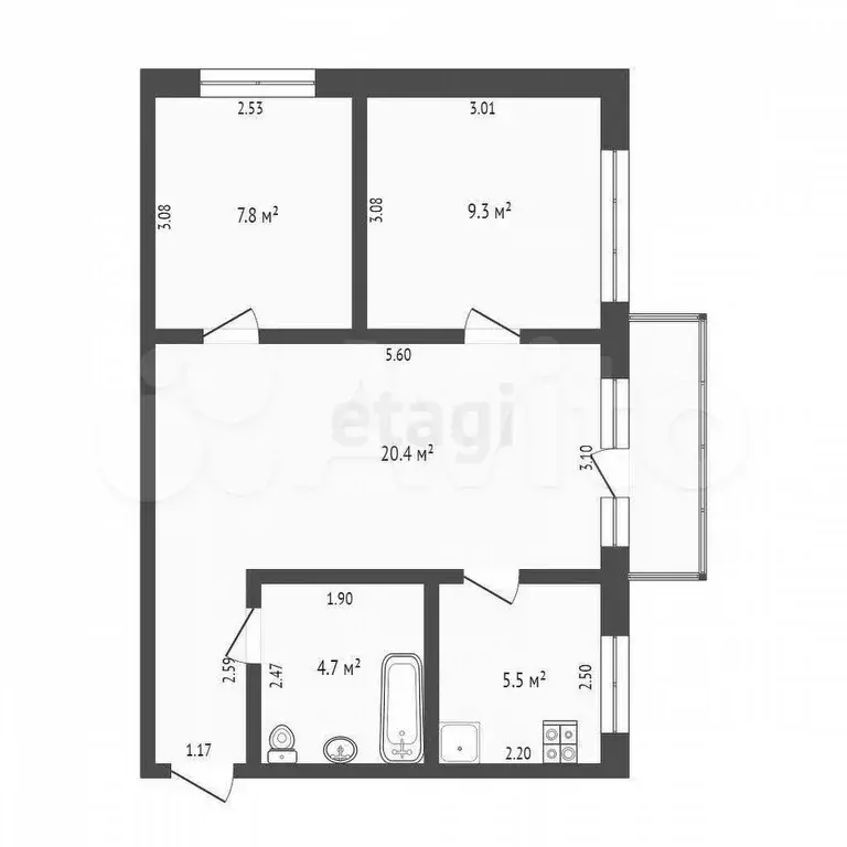 3-к. квартира, 47,7 м, 5/5 эт. - Фото 0