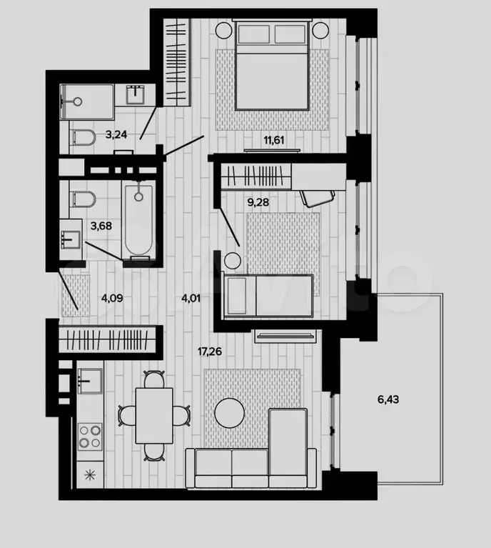 2-к. квартира, 59,6 м, 5/9 эт. - Фото 0