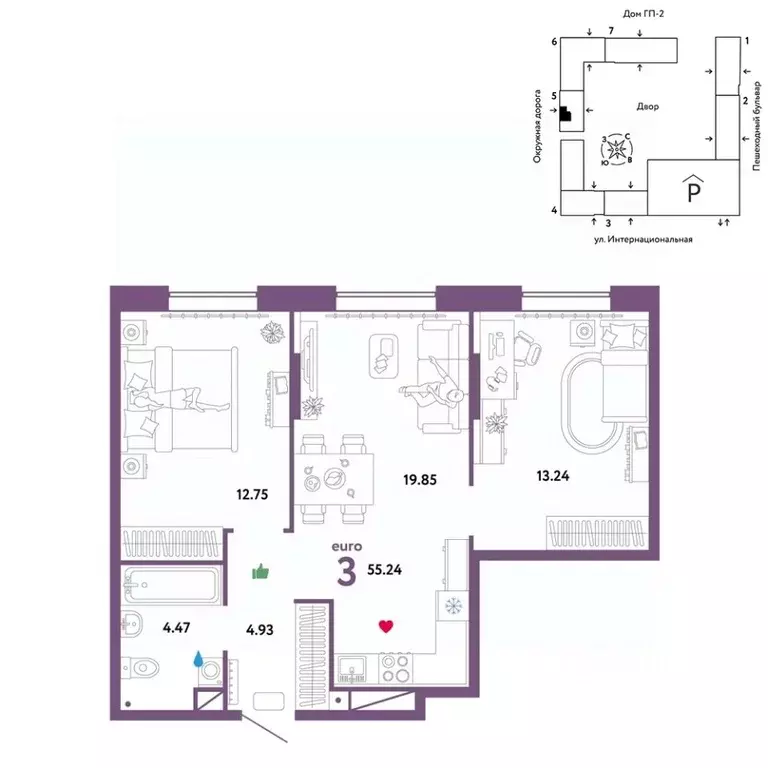 3-к кв. Тюменская область, Тюмень Интернациональная ул., 199к9 (55.24 ... - Фото 0