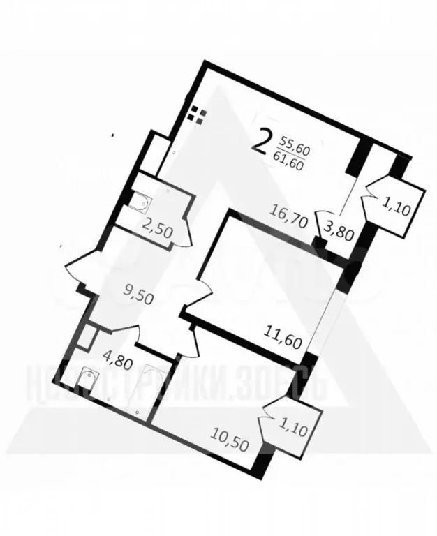 2-к. квартира, 61,6 м, 5/9 эт. - Фото 1