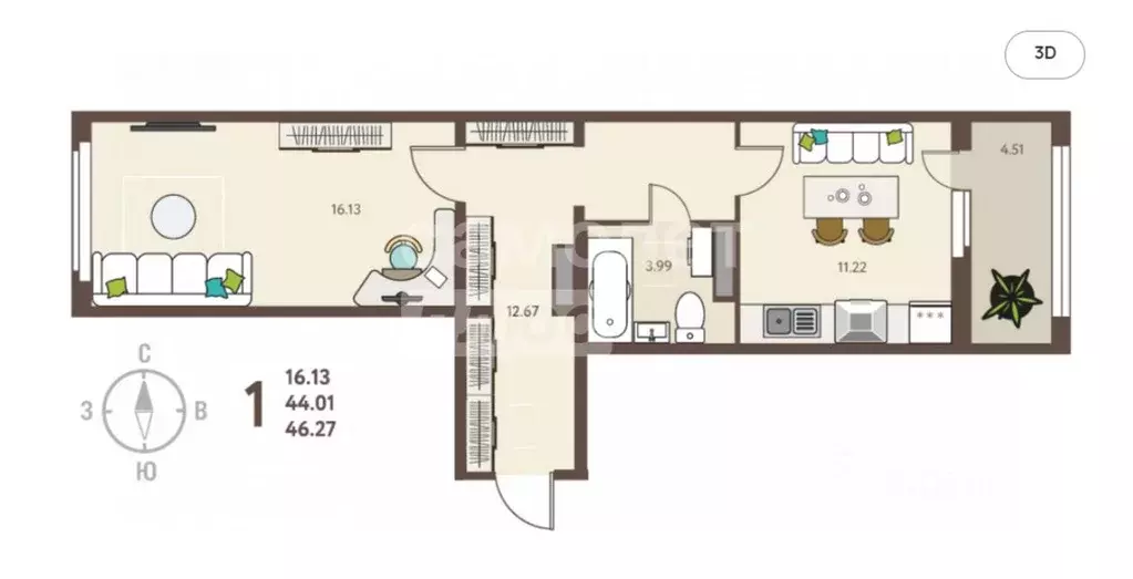 1-к кв. Липецкая область, Липецк ул. Механизаторов, 15А (46.27 м) - Фото 0