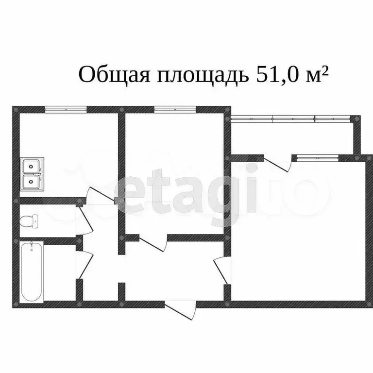 2-к. квартира, 50,4 м, 4/9 эт. - Фото 0