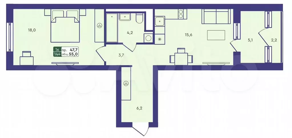 1-к. квартира, 55 м, 3/4 эт. - Фото 1