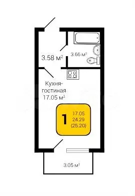 Квартира-студия, 24,9 м, 3/4 эт. - Фото 1