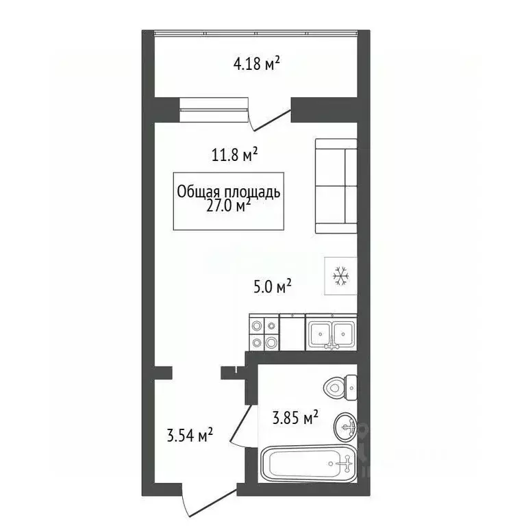 Студия Новосибирская область, Новосибирск Стартовая ул., 1 (27.0 м) - Фото 2