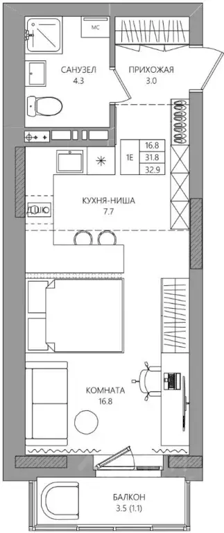 Студия Пермский край, Пермь Парковый просп., 36В (32.9 м) - Фото 0