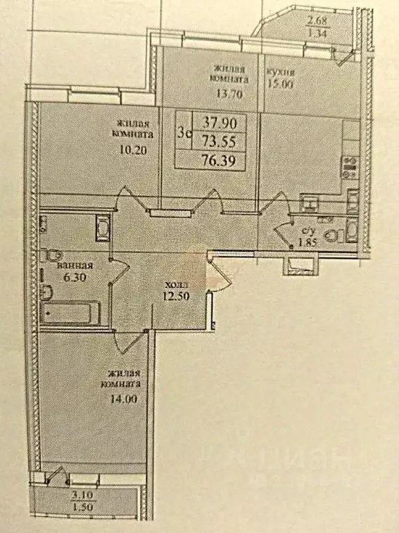 3-к кв. Санкт-Петербург пос. Парголово, Заречная ул., 45к2 (79.3 м) - Фото 2
