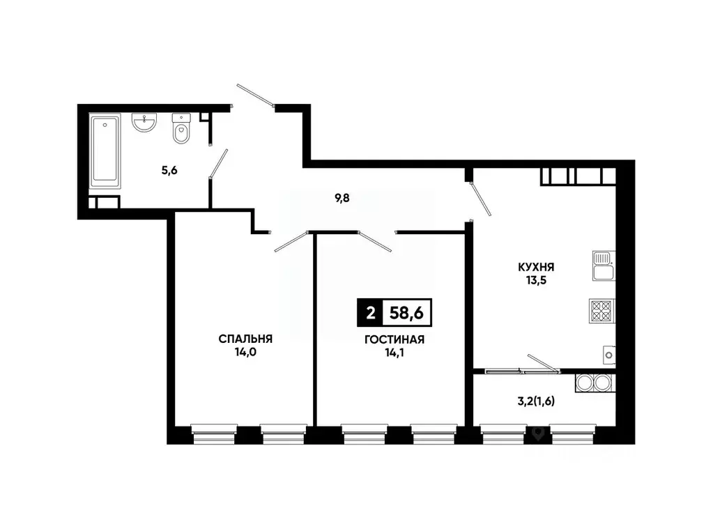 2-к кв. Ставропольский край, Ставрополь ул. Доваторцев, 179Гк1 (58.6 ... - Фото 1