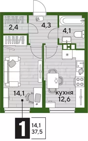 1-к. квартира, 37,5 м, 9/16 эт. - Фото 0