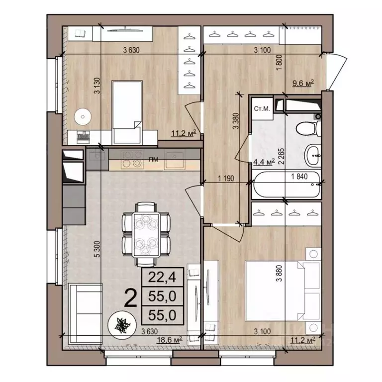 2-к кв. Рязанская область, Рязань ул. Новоселов, 33Б (55.0 м) - Фото 1