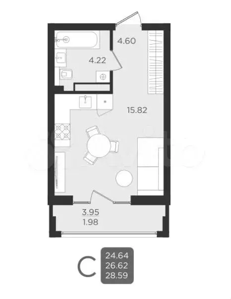 Квартира-студия, 28,6 м, 2/9 эт. - Фото 1