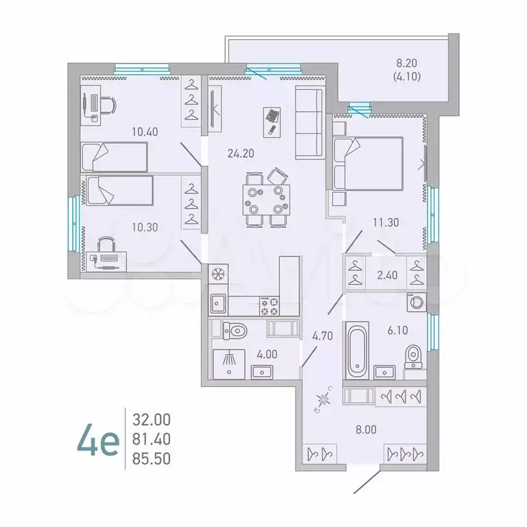 3-к. квартира, 85,5 м, 8/16 эт. - Фото 0