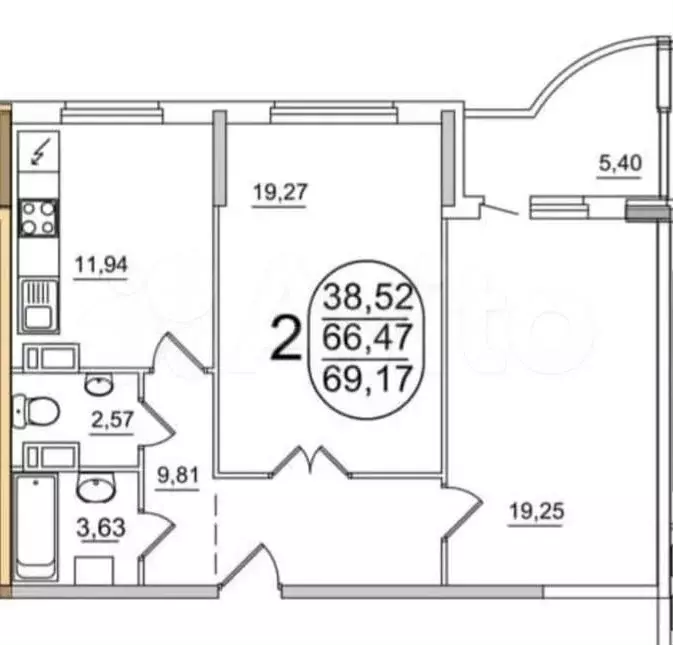 2-к. квартира, 66,9 м, 10/21 эт. - Фото 0