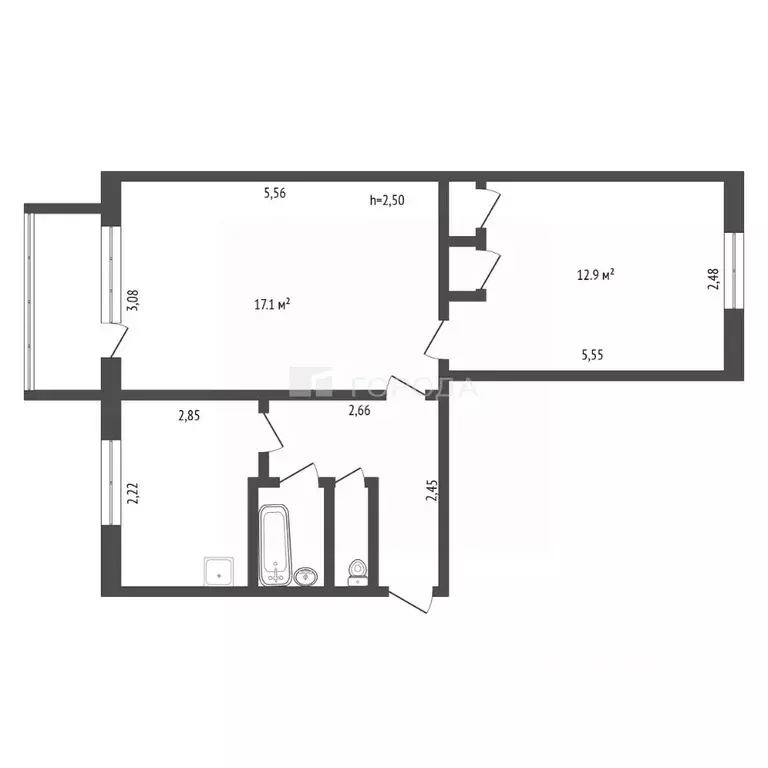 2-к кв. Кемеровская область, Новокузнецк ул. Клименко, 36 (43.5 м) - Фото 1