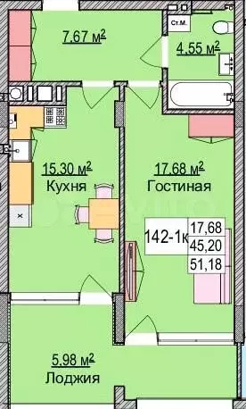 1-к. квартира, 52,7 м, 2/6 эт. - Фото 1