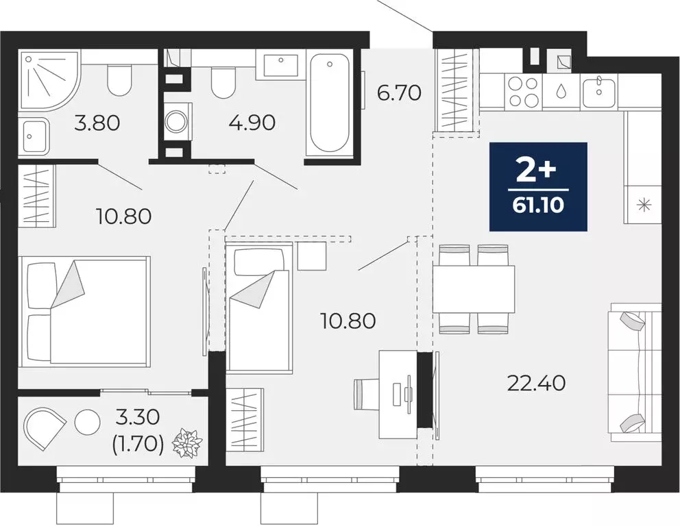 2-комнатная квартира: Тюмень, улица Пожарных и Спасателей, 2к1 (61.1 ... - Фото 1