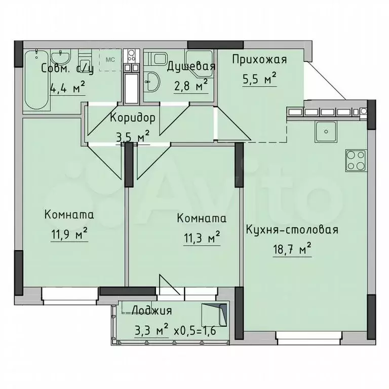 2-к. квартира, 58,1 м, 3/18 эт. - Фото 0