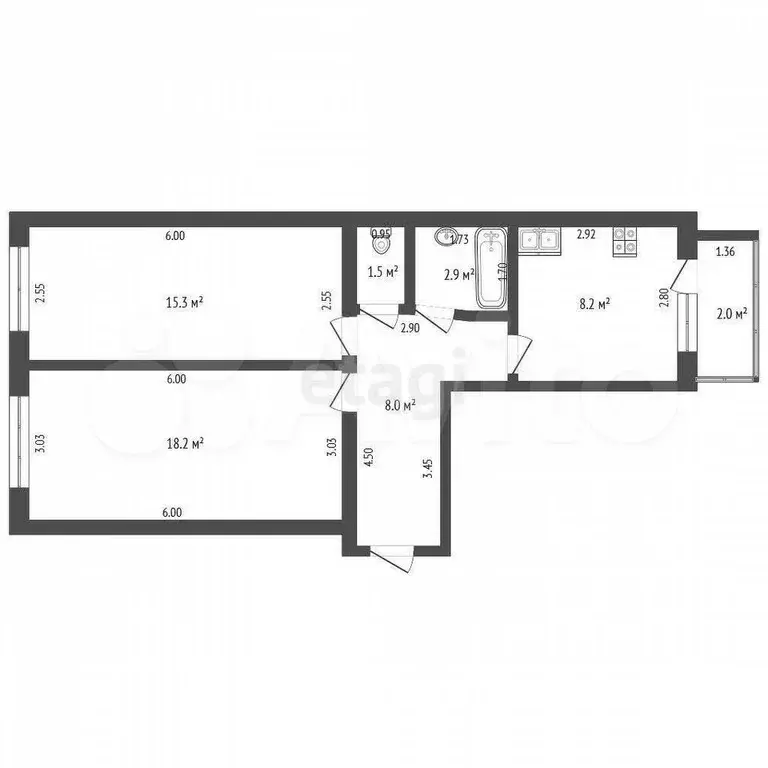 2-к. квартира, 54,1 м, 4/9 эт. - Фото 0