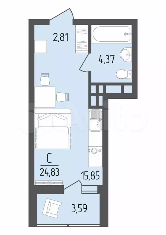 Квартира-студия, 24,8 м, 4/18 эт. - Фото 0