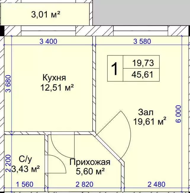 1-комнатная квартира: село Белая Речка, улица Биттирова, 43 (45.61 м) - Фото 0