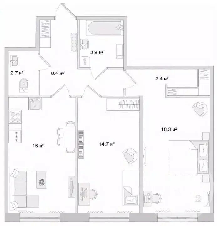 Квартира, 2 комнаты, 66.62 м - Фото 1