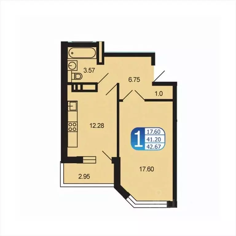 Квартира, 1 комната, 42.2 м - Фото 1