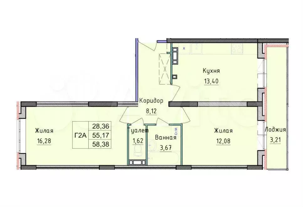 2-к. квартира, 58,4 м, 7/9 эт. - Фото 0