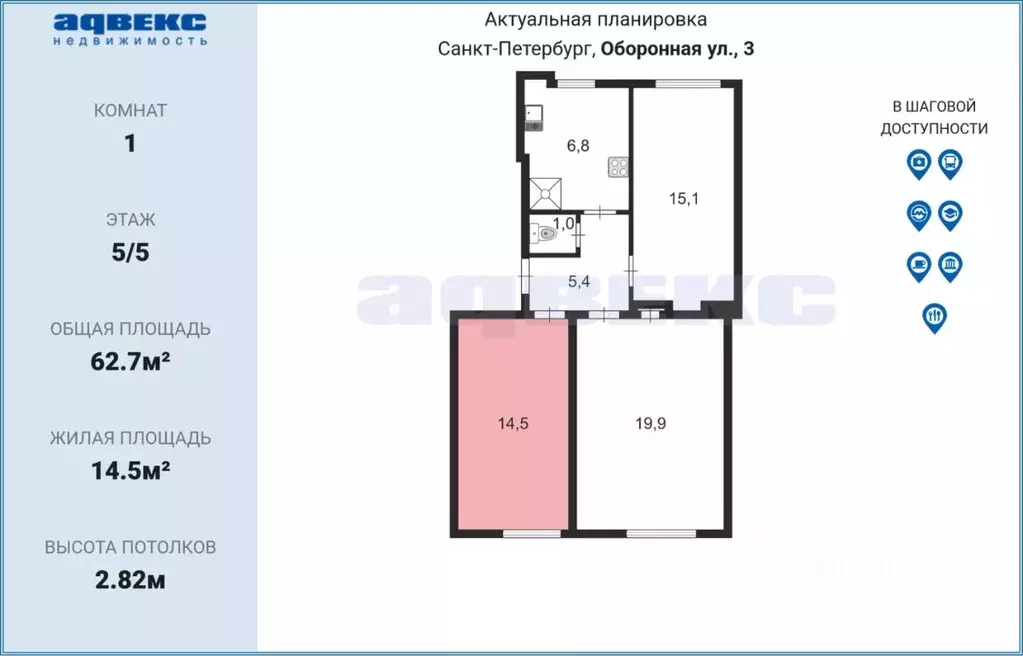 Комната Санкт-Петербург Оборонная ул., 3 (14.5 м) - Фото 1