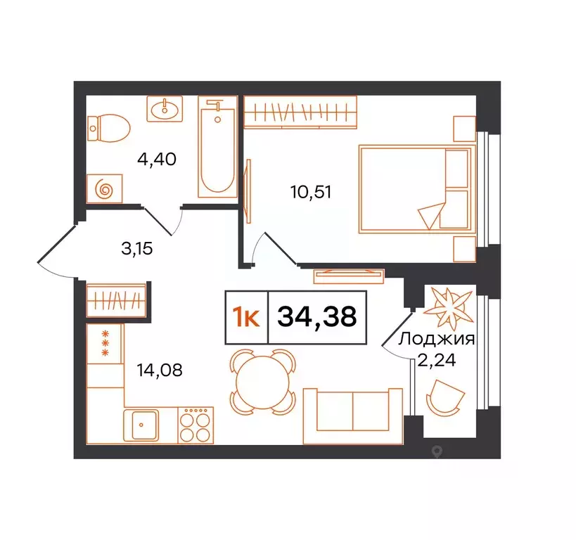 1-к кв. Тюменская область, Тюмень Полевая ул., 117к13 (34.38 м) - Фото 1