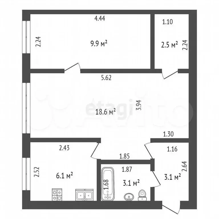 2-к. квартира, 43,3 м, 3/5 эт. - Фото 0