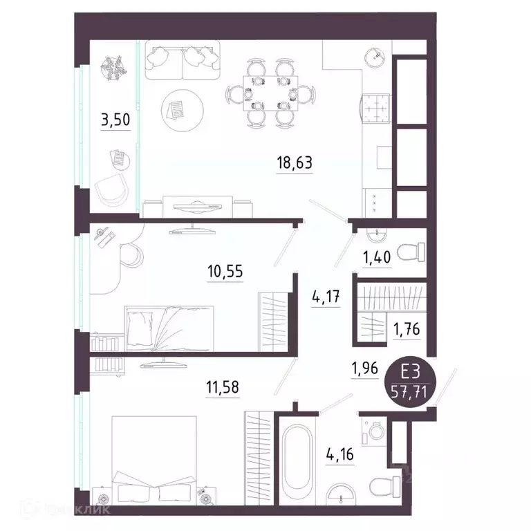 2-к кв. Рязанская область, Рязань Московское ш. (57.71 м) - Фото 1