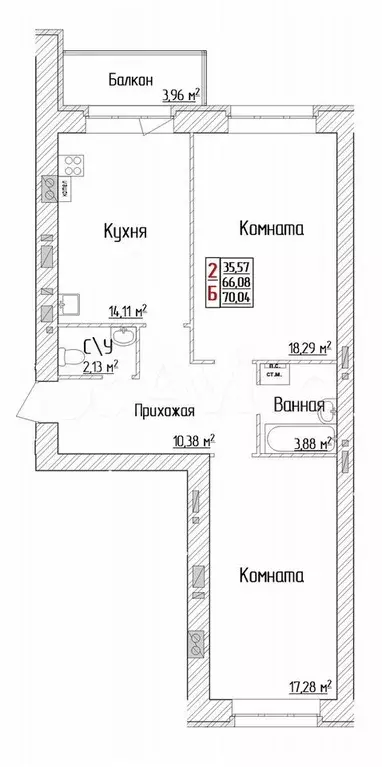 2-к. квартира, 70,1 м, 2/6 эт. - Фото 1